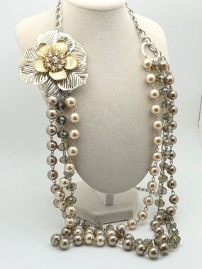 Mixed Metal Statement Floral Necklace – Multi-Strand Faux Pearl & Crystal 34"